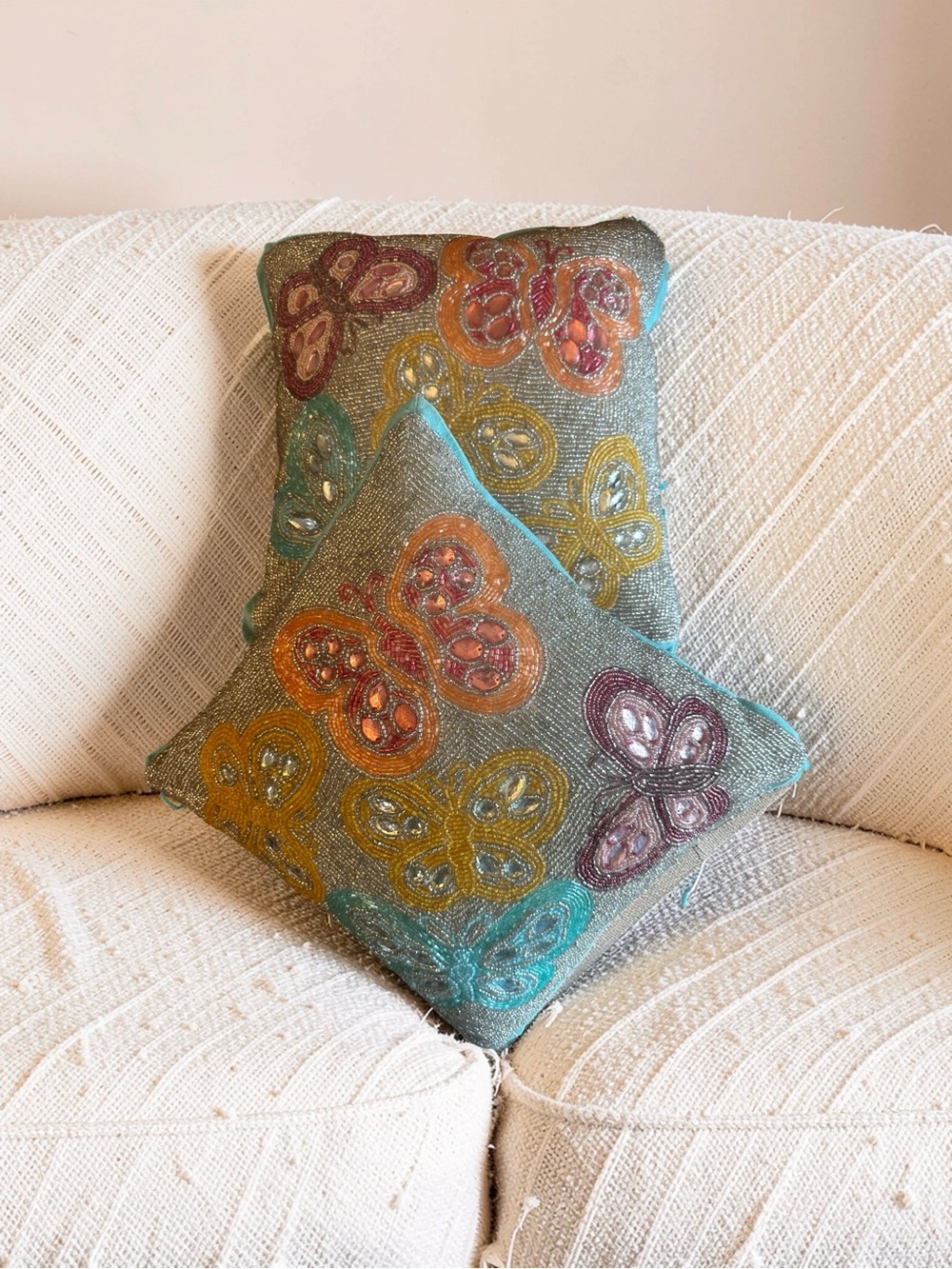 Pier One Teal Butterfly Embroidered Accent Pillow Pair